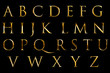 vintage font yellow gold metallic alphabet letters word text series symbol sign on black background, concept of golden luxury alphabet decoration