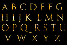 Vintage Font Yellow Gold Metallic Alphabet Letters Word Text Series Symbol Sign On Black Background, Concept Of Golden Luxury Alphabet Decoration