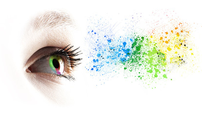 Colorful rainbow female eye and colored splashing