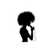 vector woman afro american portrait silhouette singing with microphone. Isolated illustration on white background. Karaoke club design logo elements