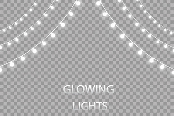 Wall Mural - Glowing lights for holidays. Transparent glowing garland. White glowing lights for greeting card design. Garlands, Christmas decorations

