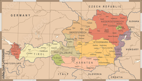 Fotomural Austria Map - Vintage Vector Illustration
