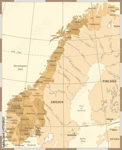Fotografía Norway Map - Vintage Vector Illustration