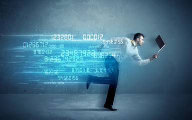 Wall Mural - Business man running with device and data concept