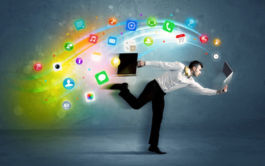 Wall Mural - Running businessman with application icons from device