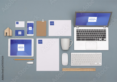 Devices Stationery Business Cards And Desk Accessories Mockup