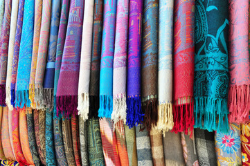 Khiva: traditional scarves at the local bazaar