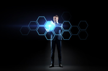 Wall Mural - businessman working with virtual network hologram