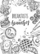 Background with ink hand-drawn food and drinks. Breakfast and brunch elements composition with brush calligraphy style lettering. Vector illustration. Menu, signboard, leaflet design template.
