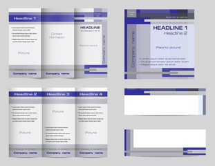 Template set of tri-fold brochure layout, square cover and two banners. Geometric background in blue and gray. Minimalistic abstract flat design, business corporate concept. Vector EPS 10