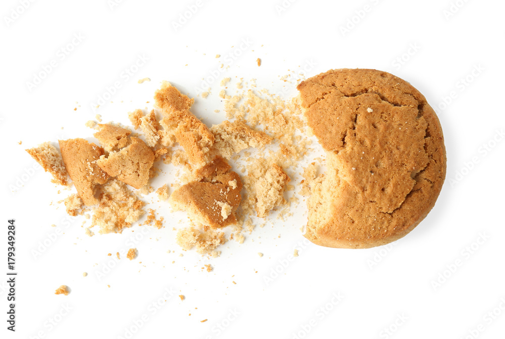 Delicious oatmeal cookie on white background