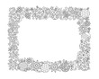 New year hand drawn horizontal frame, zentangle inspired style isolated on white background. Doodle snowflakes, fir-tree balls, ribbon decorative border. Coloring book for adult.