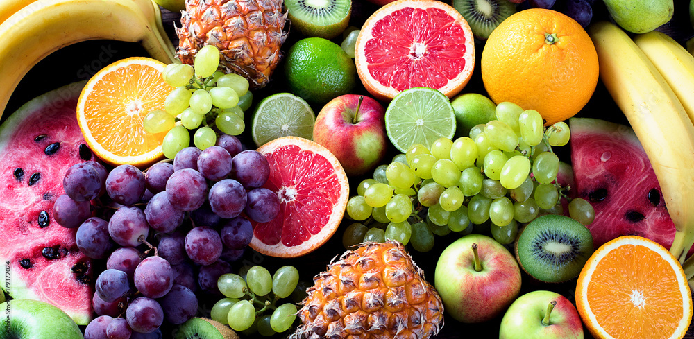 Organic fruits. Healthy eating concept. Top view - obrazy, fototapety, plakaty 