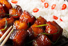 Vietnamese Food: Caramelized Pork Belly With Rice Macro. Horizontal Background