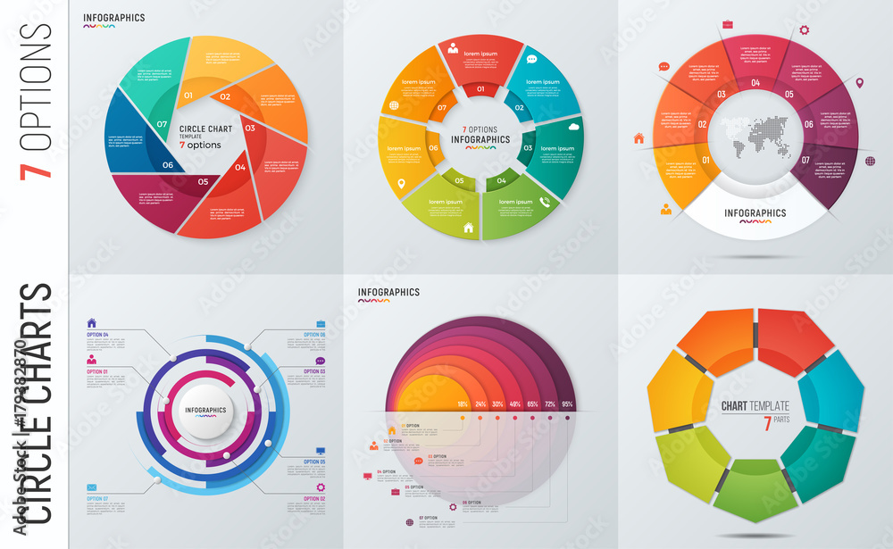 Collection of vector circle chart infographic templates for presentations, advertising, layouts, annual reports. 7 options, steps, parts. - obrazy, fototapety, plakaty 