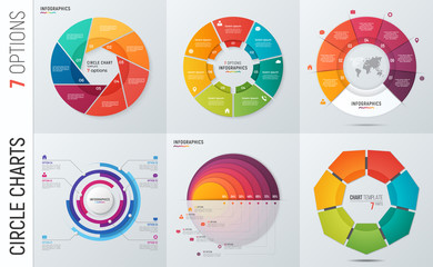 Wall Mural - Collection of vector circle chart infographic templates for presentations, advertising, layouts, annual reports. 7 options, steps, parts.