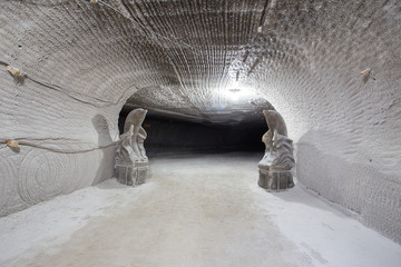 Salt statue dolphins in the salt ore mine shaft tunnel gallery