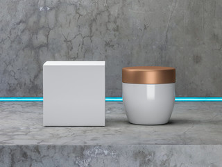 Wall Mural - Square whitek box with cosmetic container on concrete table, golden cap, 3d rendering