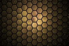 Abstract Geometric Texture With Golden Sparkles On Black Background. Fantasy Hexagonal Fractal Design. Digital Art. 3D Rendering.