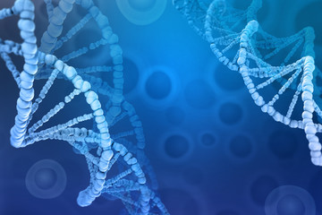 Leinwandbilder - 3D illustration of a DNA molecule. Investigation of cellular structure. Modern digital concept on a blue background