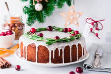 Christmas Fruit Cake, Pudding On White Plate. Copy Space.
