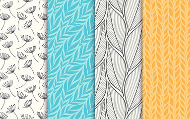 Wall Mural - abstract decorative doodle nature seamless patterns set. hand drawn linear and silhouette flowers, b