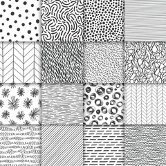 Wall Mural - abstract hand drawn geometric simple minimalistic seamless patterns set. polka dot, stripes, waves, 
