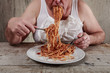 © soupstock - Man eating spaghetti, overeating adult.