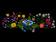Embroidery landscape pattern with simplify flowers and butterfly. Vector embroidered native floral meadow. Tribal style design for fashion wearing.