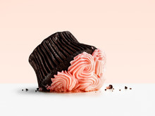 Accident, Dropped And Smashed Cupcake On Pink Background