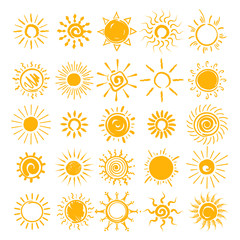 Wall Mural - Sun illustration. Vector hands drawn sun icons, doodle cartoon morning summer sketch suns isolated on white background