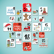 Christmas Advent Calendar. Hand Drawn Elements And Numbers. Winter Holidays Calendar Cards Set Design, Vector Illustration
