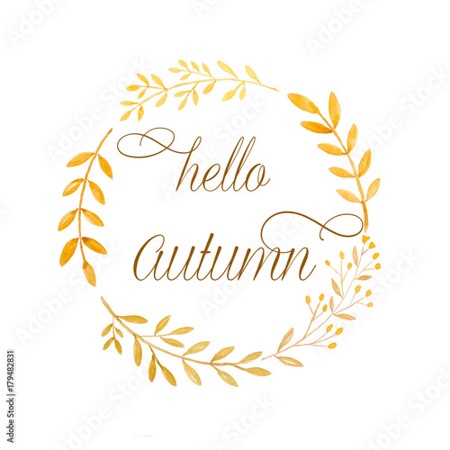 Hello Autumn Word And Drawing Autumn Flowers Wreath In Watercolor