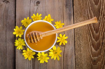 Wall Mural - honey in the glass bowl and yellow flowers around it on wooden background