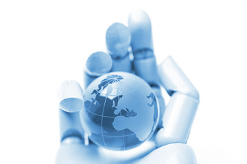 robot hand holding a globe isolated on white background,ai, artificial intelligence concept
