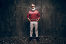 Modern Beautiful Santa Claus In Fashionable Clothes. Beautiful Senior Man Bearded In Christmas Sweater. Merry Christmas And A Happy New Year 2018!