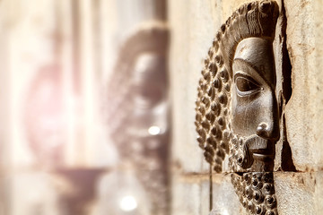 Persepolis is the capital of the ancient Achaemenid kingdom. sight of Iran. Ancient Persia. Bas-relief carved on the walls of old buildings. Selective focus.