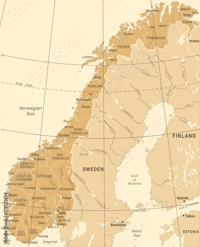 Fotografía Norway Map - Vintage Vector Illustration