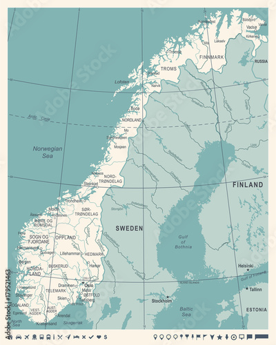 Fotomural Norway Map - Vintage Vector Illustration
