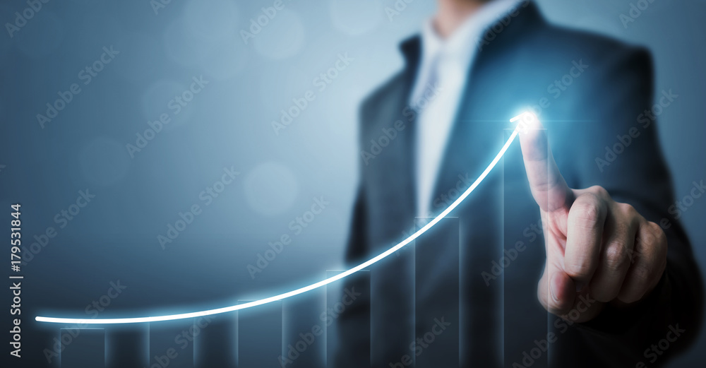 Business development to success and growing growth concept, Businessman pointing arrow graph corporate future growth plan - obrazy, fototapety, plakaty 