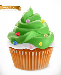 Wall Mural - Cupcake. Christmas decorations, 3d realistic vector icon