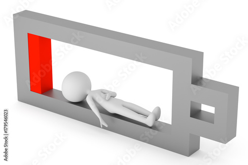 Fotografie, Obraz Exhausted character lies inside of symbol of uncharged battery
