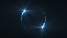 Lightning Blue Ball Flying. Shining Lights In Motion With Small Particles. Ring Of Electricity, Plasma Ring On A Dark Background.