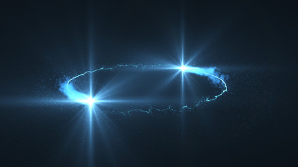  lightning blue ball flying. Shining lights in motion with small particles. Ring of electricity, Plasma ring on a dark background.