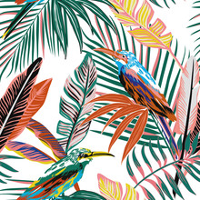 Abstract Tropical Birds In The Jungle Seamless Background