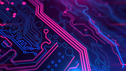 Purple Violet and Blue Microchip backdrop. Abstract background. Digital technology. PCB. Microchip link. 3d illustration.