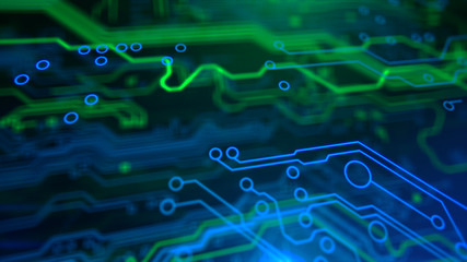 Green and Blue Motherboard Technology . Digital inegrated technology. Printed Circuit board. PCB. 3d illustration.