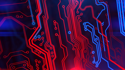 Red and Blue Digital Integrated Technology. Technological background. PCB. Printed circuit board. Computer motherboard. 3d illustration.