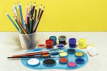 Brushes For Drawing In A Glass, And A Number Of Paint.