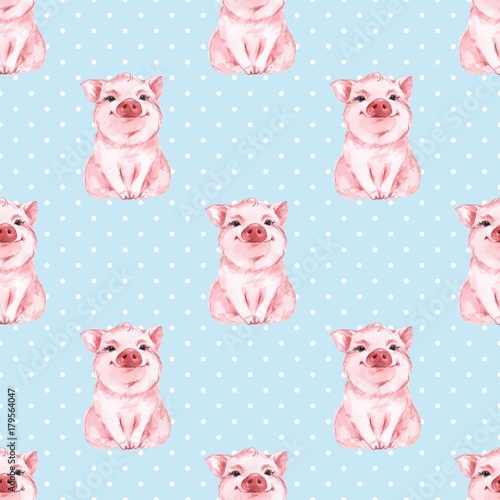 Cotton fabric Seamless pattern with pig. Blue background. Polka dot